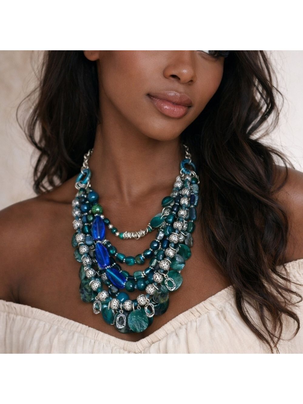 Boho Multi-Strand Statement Necklace | Blue & Green Beaded | 11.5" Adjustable